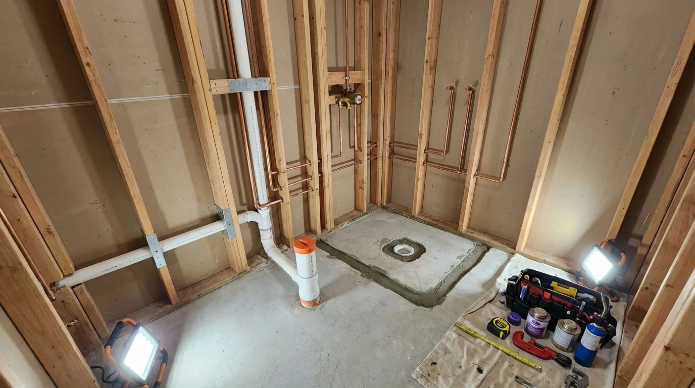 Bathroom rough-in plumbing during remodel by Johns Plumbing LLC in Galesburg
