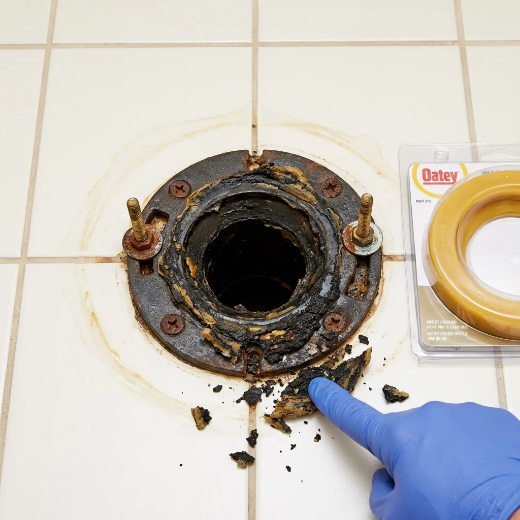 Failed wax ring showing water seepage at the base of a toilet in a Galesburg, MI home