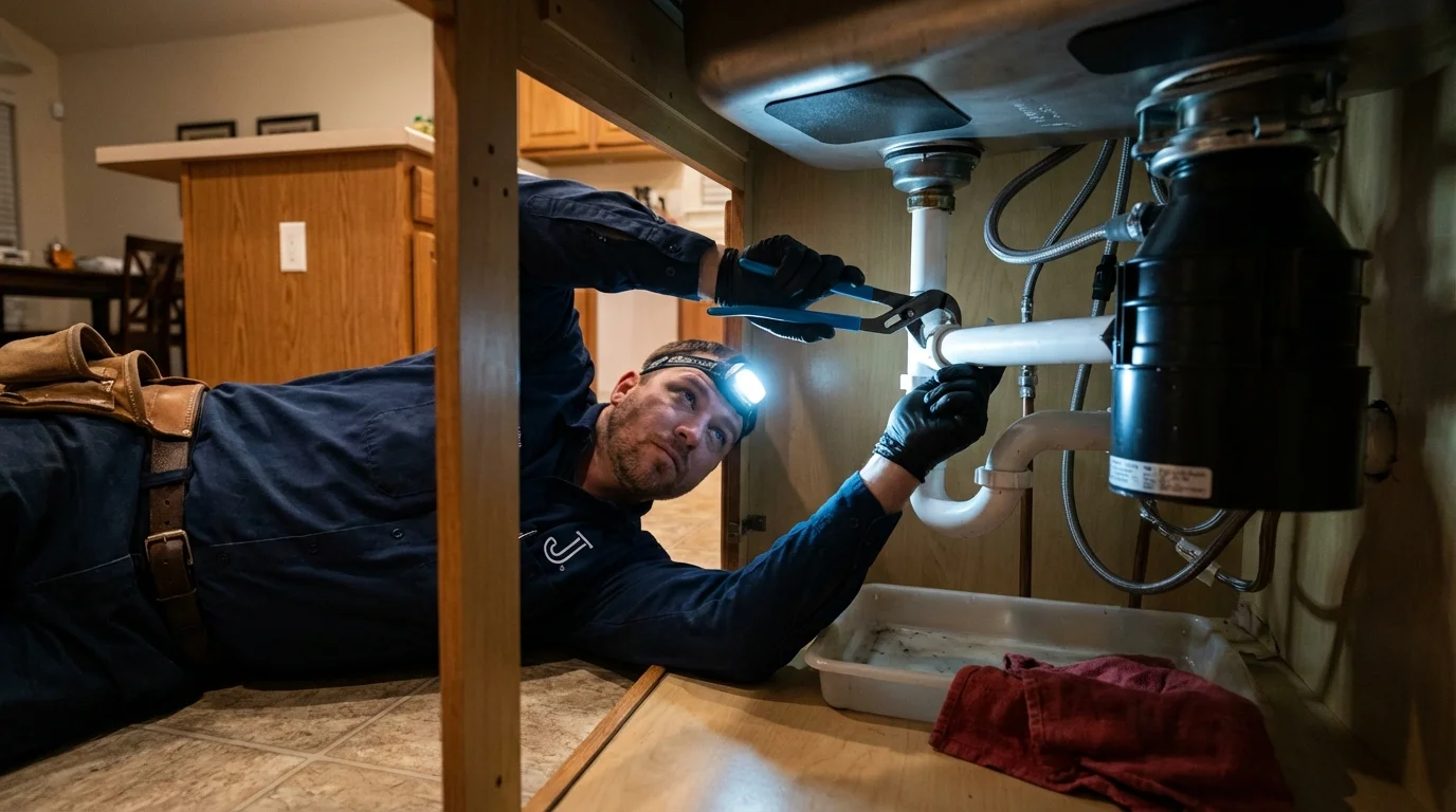 P-trap and supply line connections under a kitchen sink showing a common leak point in Galesburg, MI
